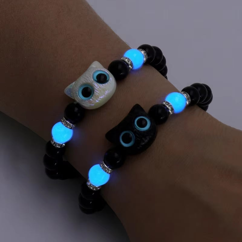Cute Big Eye Cat Luminous Bracelets for Women Cartoon Animal Pendant Beaded Hand Chain Friendship Couple Bracelet Jewelry Gift