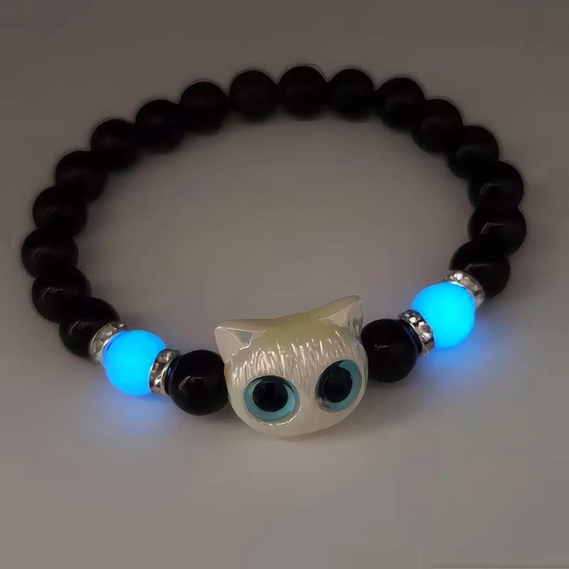 Cute Big Eye Cat Luminous Bracelets for Women Cartoon Animal Pendant Beaded Hand Chain Friendship Couple Bracelet Jewelry Gift