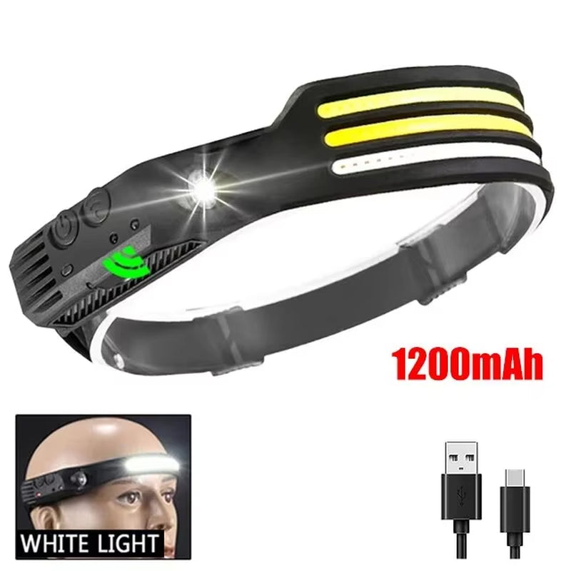 COB LED Headlamp Induction Head Lamp Builtin Battery USB Rechargeable Head Flashlight Outdoor Camping Fishing Sensor Headlight