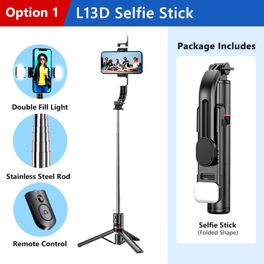 L13D Selfie Stick 1160Mm with Wireless Bluetooth Double Fill Light Extended Tripod with Remote Shutter for Android IOS Cellphone