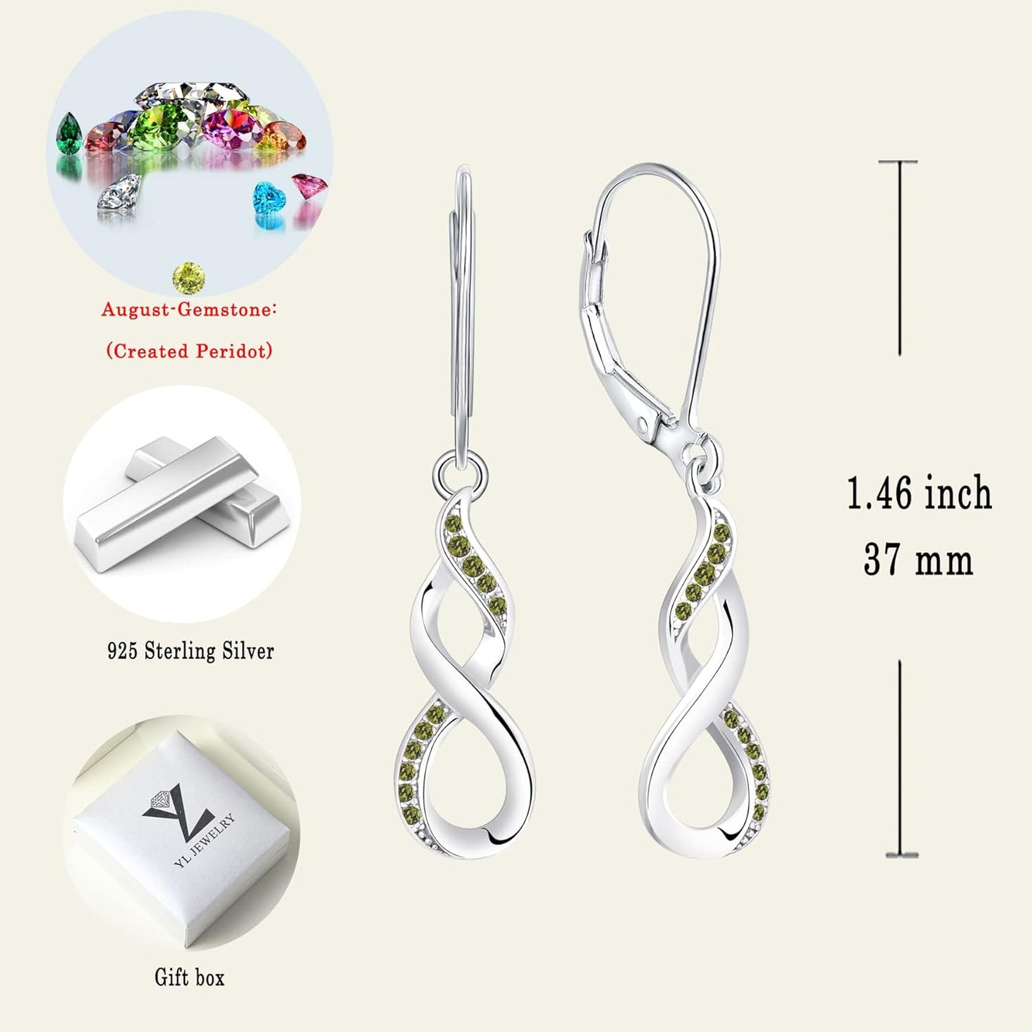 Dangle Drop Infinity Earrings 925 Sterling Silver Leverback Earrings 18K White Gold Jewelry for Women