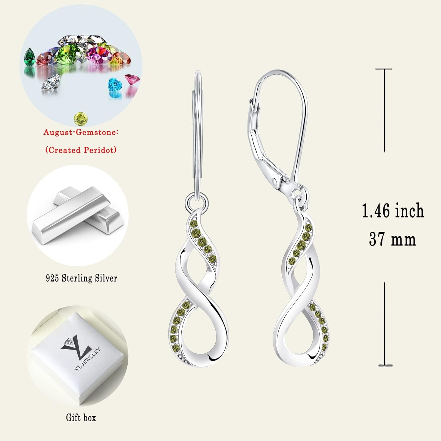 Dangle Drop Infinity Earrings 925 Sterling Silver Leverback Earrings 18K White Gold Jewelry for Women