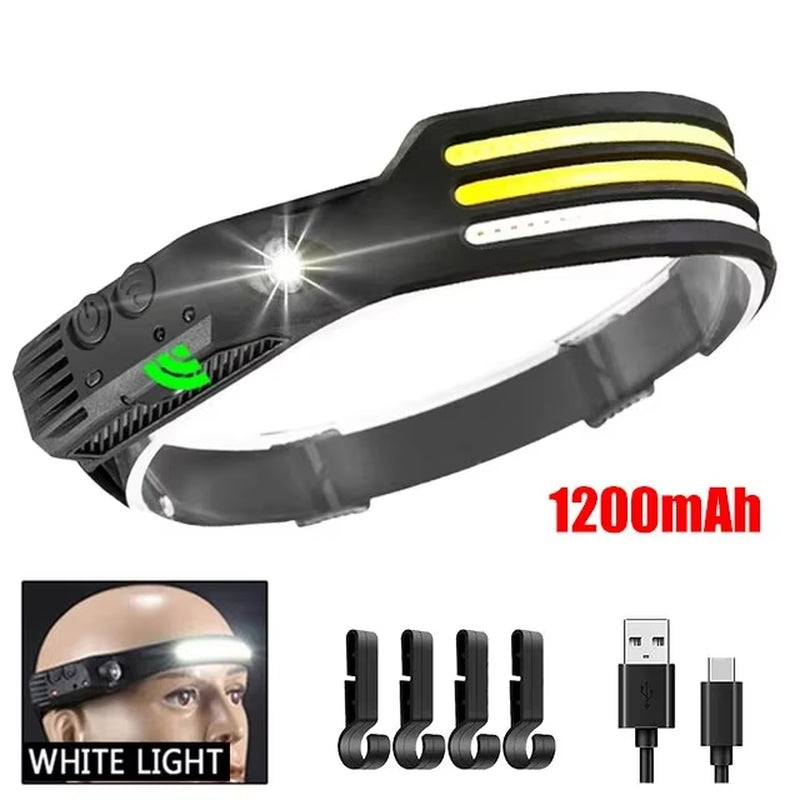 COB LED Headlamp Induction Head Lamp Builtin Battery USB Rechargeable Head Flashlight Outdoor Camping Fishing Sensor Headlight
