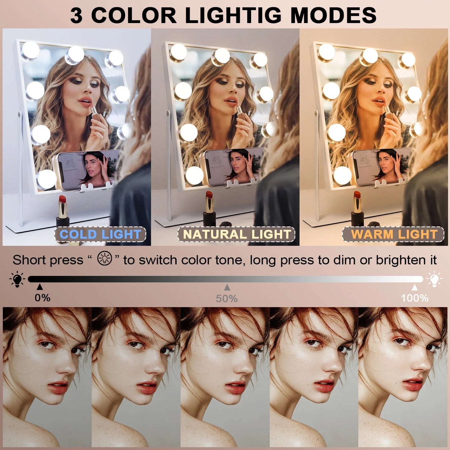 Hollywood Vanity Makeup Mirror with Lights Bluetooth Wireless Charging Tabletop Metal White