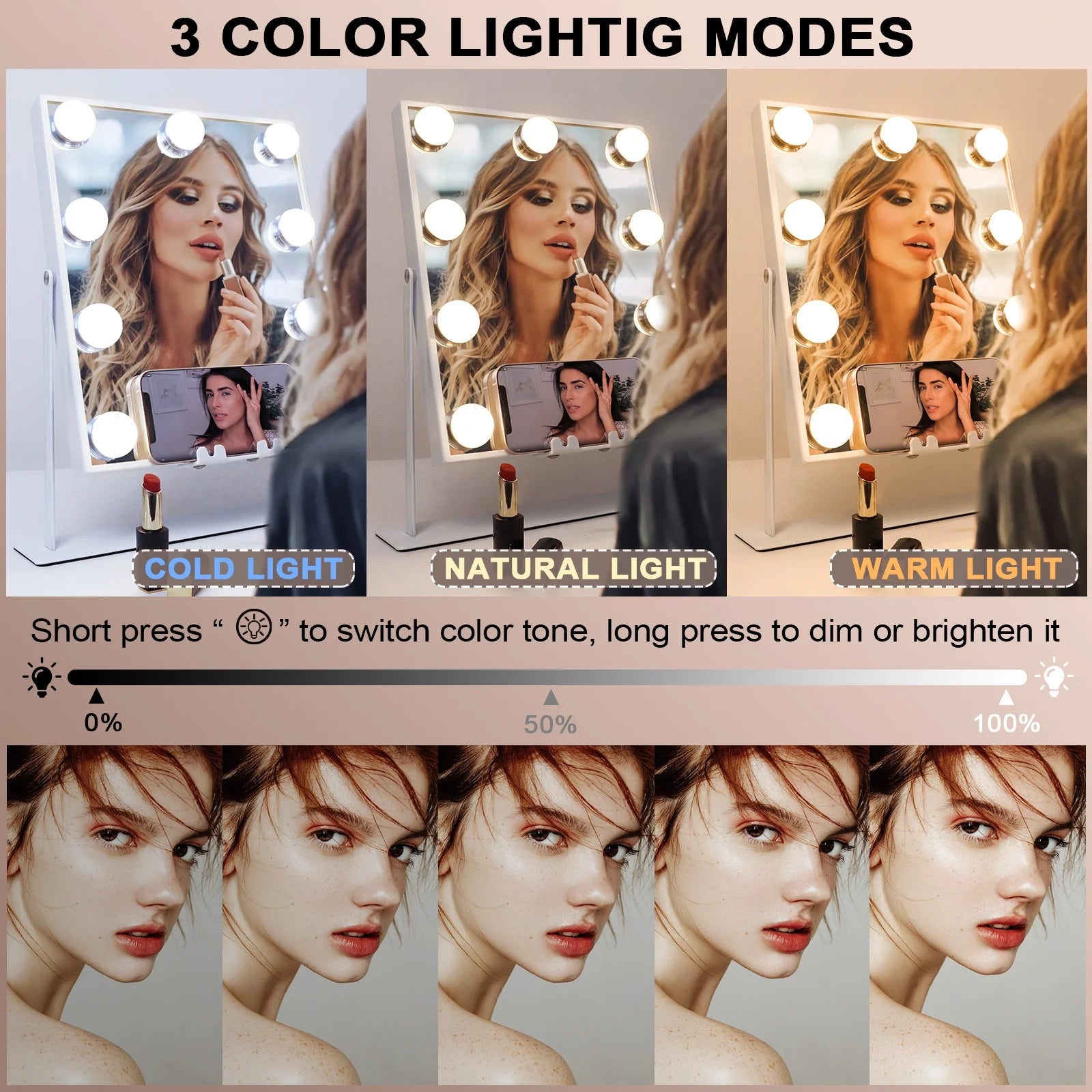 Hollywood Vanity Makeup Mirror with Lights Bluetooth Wireless Charging Tabletop Metal White