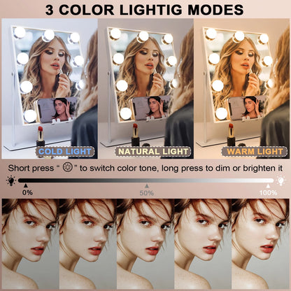 Hollywood Vanity Makeup Mirror with Lights Bluetooth Wireless Charging Tabletop Metal White