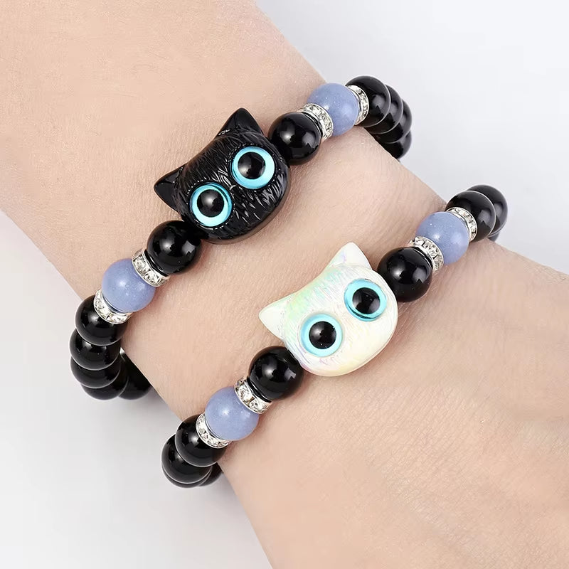 Cute Big Eye Cat Luminous Bracelets for Women Cartoon Animal Pendant Beaded Hand Chain Friendship Couple Bracelet Jewelry Gift
